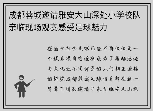 成都蓉城邀请雅安大山深处小学校队亲临现场观赛感受足球魅力